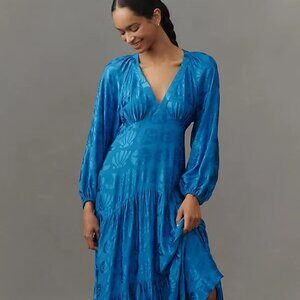 New Farm Rio Long-Sleeve V-Neck Jacquard Maxi Dress Blue  NWT By Anthropologie